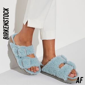 BIRKENSTOCK ARIZONA BIG BUCKLE SHEARLING SANDALS IN TEDDY FADED AQUA NWT SIZE 37